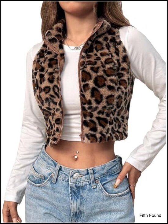 Jackets & Blazers - Y2k Leopard Print Cropped Vest Jacket Zip Up Fuzzy Sleeveless Cheetah Outwear